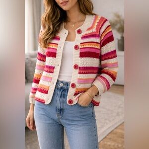 Curio Vintage Crochet Stripe Cardigan Sweater Boho Festival M Grannycore